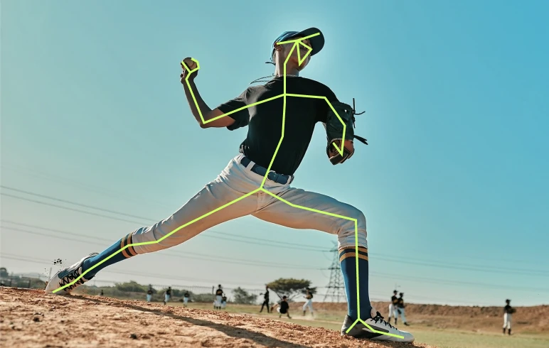 A baseball pitcher with keypoint annotation, showcasing Objectways' pose estimation services for sports analytics AI.