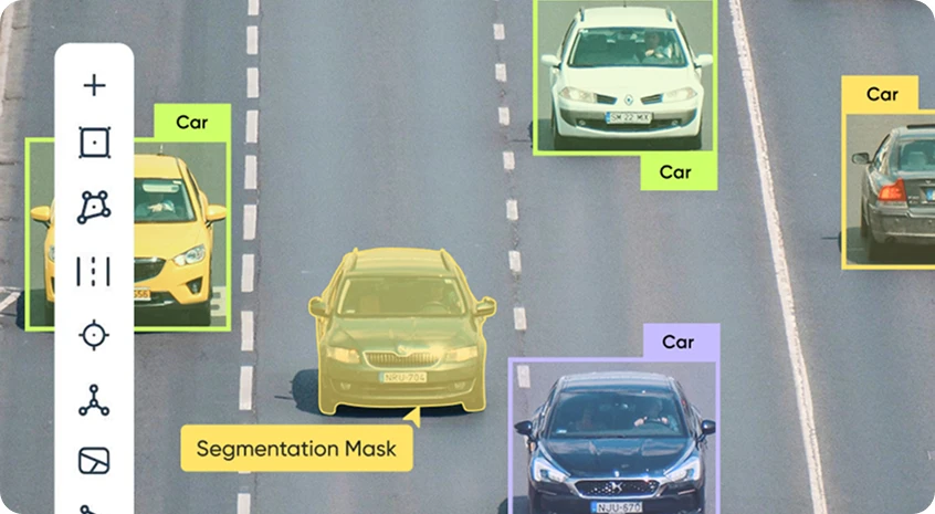 Annotation platform showing segmentation masks and bounding boxes on cars in a video for computer vision AI training.