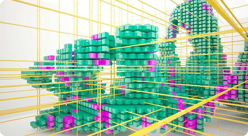 Abstract 3D model of colorful blocks, representing the complex LiDAR and point cloud data
