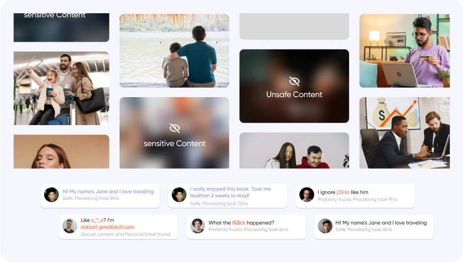 An content moderation dashboard showing classified images and text, flagging unsafe, sensitive, and profane content.
