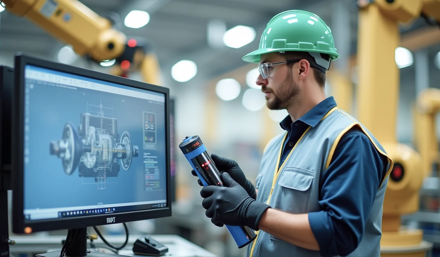 An engineer in a factory reviews a 3D model, representing industrial AI applications powered by Objectways' data annotation.